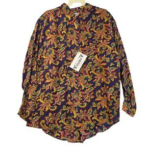 Whistles Vintage Deadstock 1980s 100% Silk Paisley Button-Up Shirt Navy/Yellow M